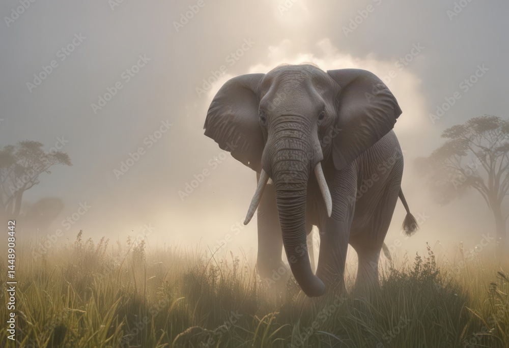 Obraz premium Majestic elephant emerges from swirling mist, savannah grass , adventure, shadow