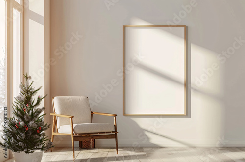 minimalist frame mockup poster hanging on the white wall