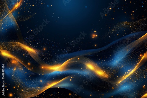 A navy blue background with a textured surface is elevated by the presence of abstract gold hues and swirls of gold glitter