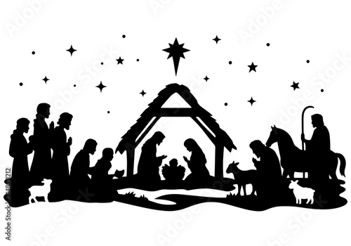 Traditional nativity scene silhouette Holy Night Christmas vector art