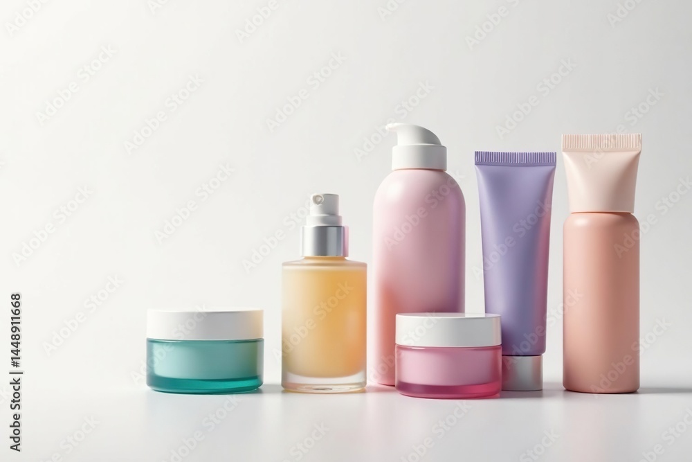 Various cosmetic containers on white backdrop, make up, beauty, tools Various cosmetic containers on white backdrop, make up, beauty, tools