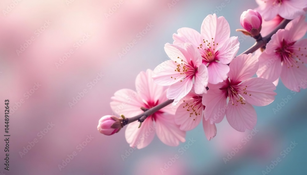 Fototapeta premium Delicate pink cherry blossoms, full bloom, soft pastel background, flower, flower pattern, sakura