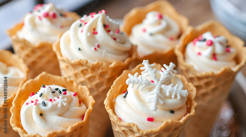 Zephyr in waffle cones. Decorated with decorative sprinkles and mastic snowflakes. Zephyr in waffle cones. Decorated with decorative sprinkles and mastic snowflakes.