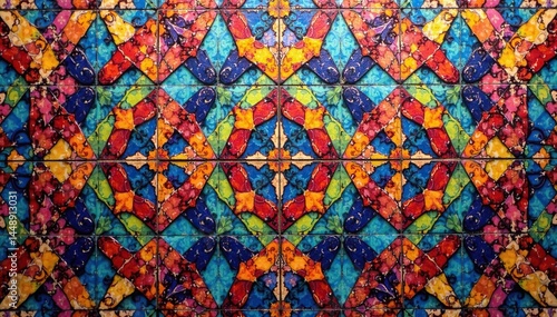 Intricate geometric tile mosaic Repeating shapes, vibrant colors , abstract, vibrant, surface