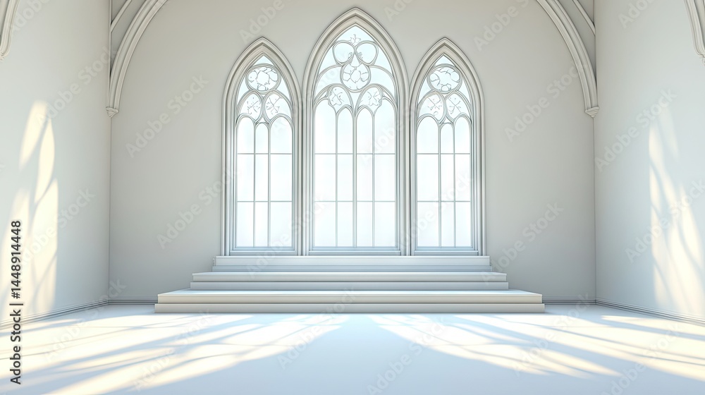 Obraz premium Empty, sunlit gothic-style church interior.
