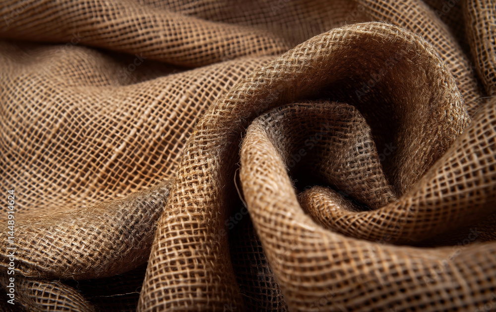 Fototapeta premium Closeup of wrinkled burlap fabric with warm light and deep texture