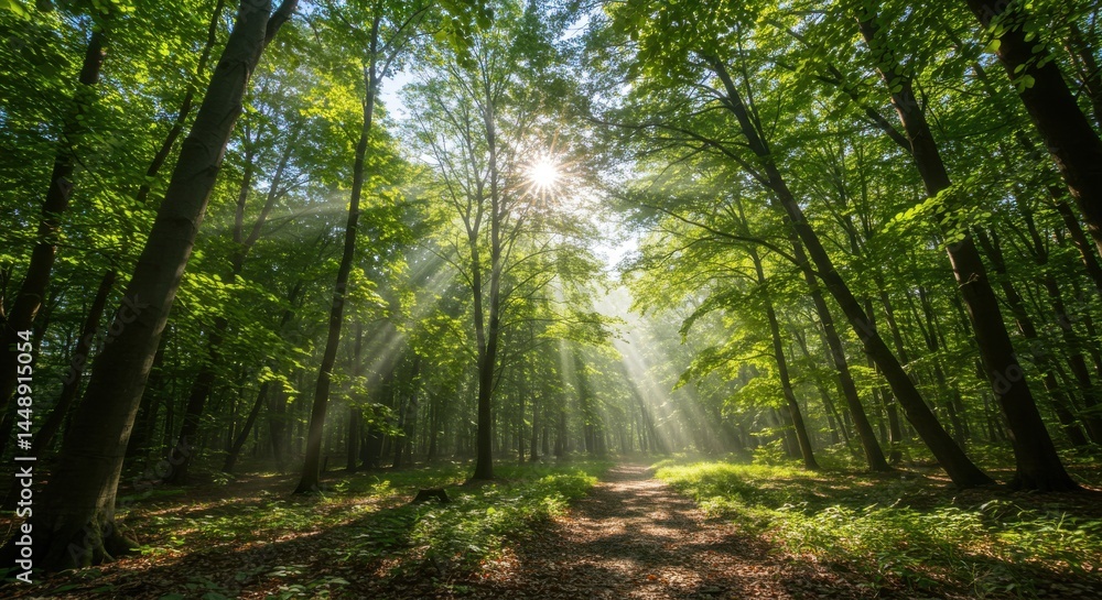 Obraz premium Sunlight filtering through lush forest trees 