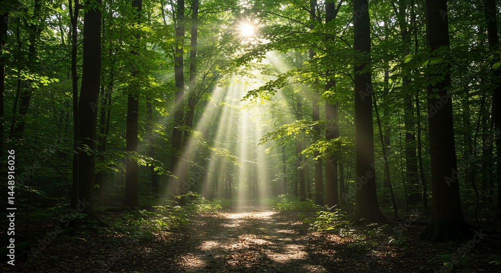 Obraz premium Sunlit Forest Path: A Serene, Mystical Scene