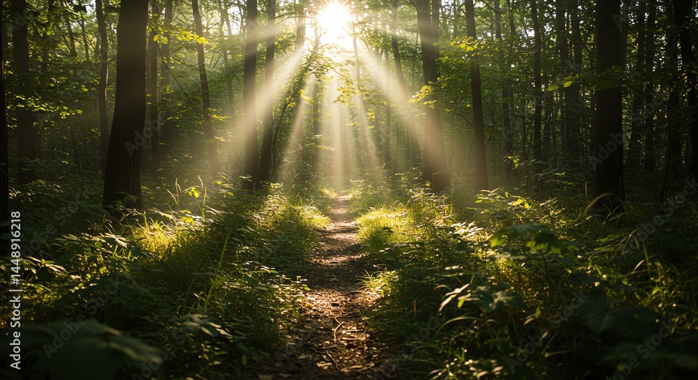 Obraz premium Sunlit Forest Path: A Serene Nature Photograph