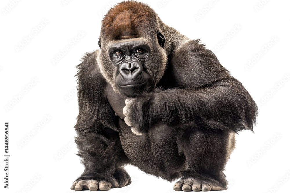 Majestic gorilla displaying strength and intelligence against a transparent background in a natural pose highlighting its detailed fur and expression Majestic gorilla displaying strength and intelligence against a transparent background in a natural pose highlighting its detailed fur and expression
