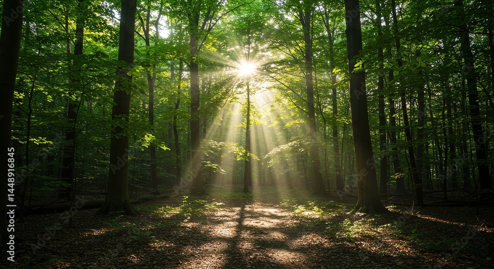 Obraz premium Sunlit Forest Path: Serene Greens and Golden Rays