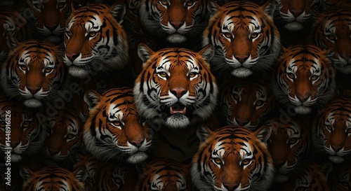 Intense Close Up of Numerous Tigers Faces Wildlife Pattern Predatory Animal Background