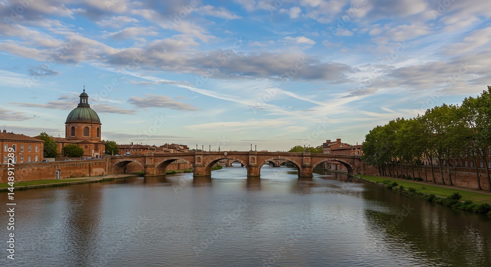 Fototapeta premium Toulouse's Pont Neuf Bridge: Serene River Scene with Dome
