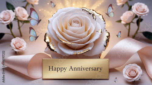 Elegant white rose with gold tipped pedals and a gold plaque that reads Happy Anniversary with butterflies in the backdrop