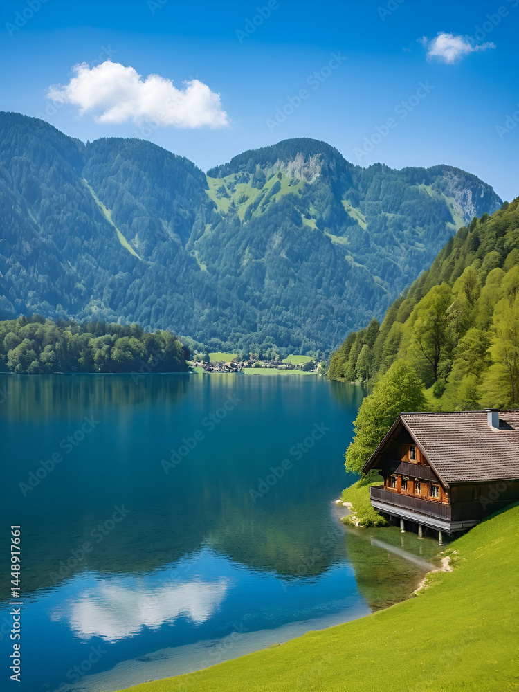 Fototapeta premium View on big, Grosser Alpsee lake by Immenstadt im Allgau with wooden hauses, blue sky. Bavaria, Germany.