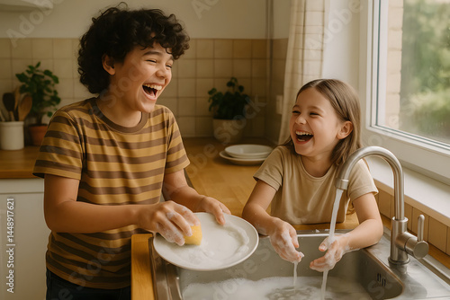 Two Kids Laughing in Kitchen - Joyful Childhood Moment