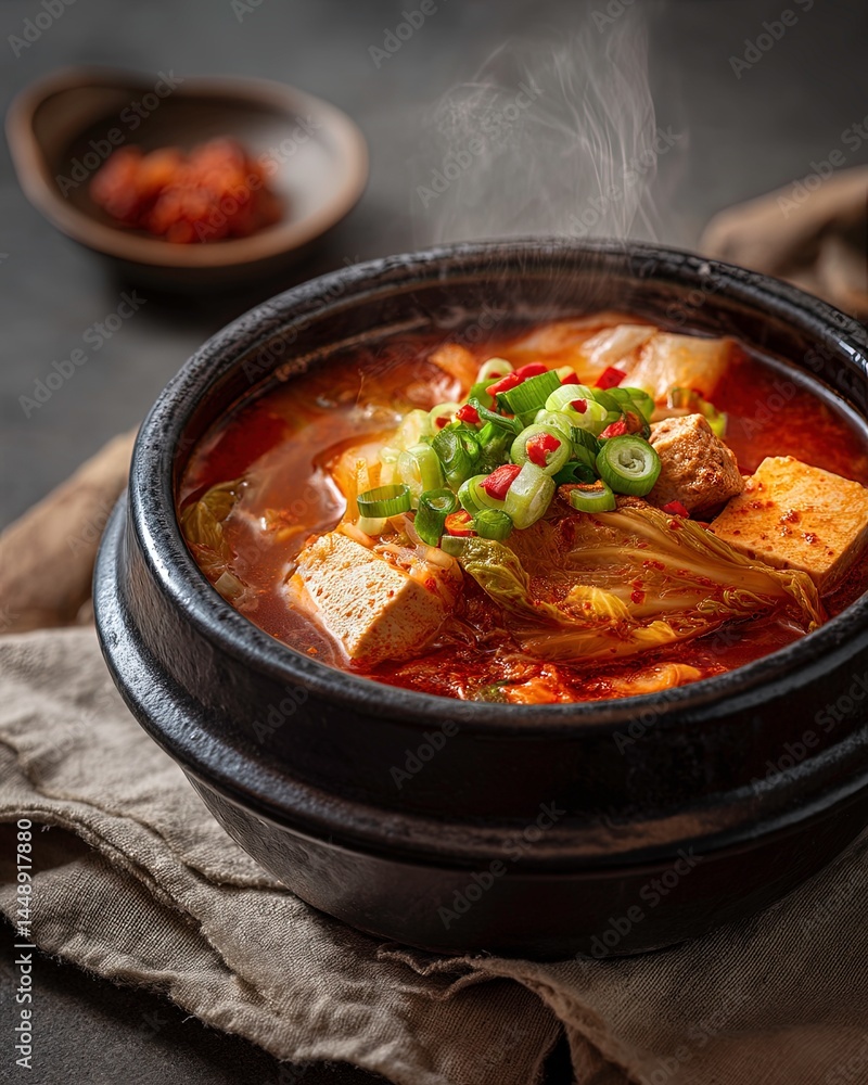 Korean Kimchi Stew with Tofu and Pork in Hot Stone Pot Korean Kimchi Stew with Tofu and Pork in Hot Stone Pot