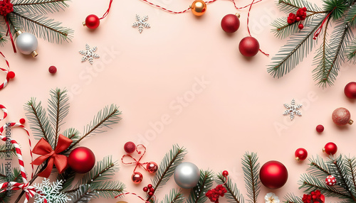 Christmas and New Year holidays frame. Christmas ornaments on light pastel background. Flat lay, copy space, Backlit. with white shades