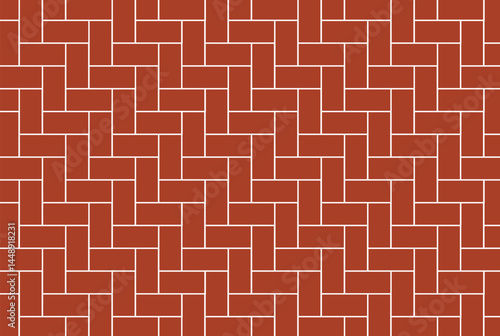 Monochrome basketweave herringbone pattern with repeating black rectangular tiles in a symmetrical grid. Orthogonal perspective, minimalist vector design on brown background, seamless texture.