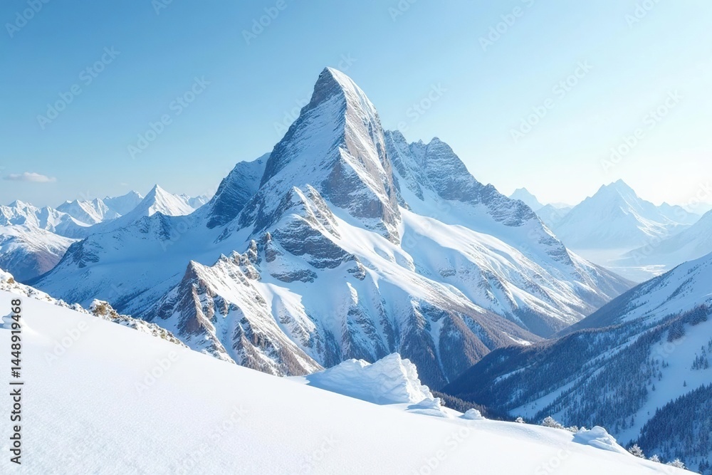 Obraz premium Snow-covered mountain peak, pristine white landscape, landscape, white background, serene