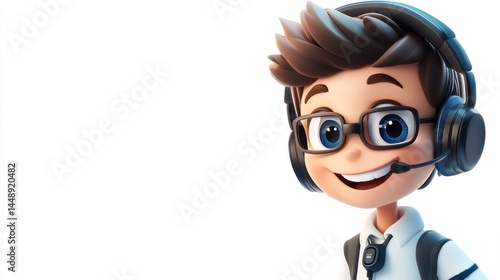 A cheerful animated character wearing headphones and glasses perfect for gaming customer serv