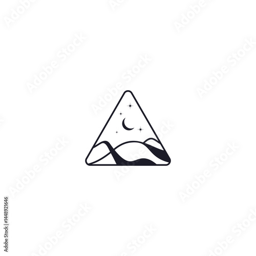 Night mountain scenery with crescent moon and stars bohemian style logo