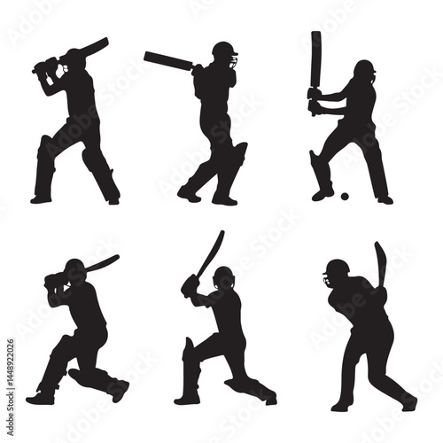 Cricket player silhouettes vector set, batsman hitting ball, sports graphics, team sport, action poses