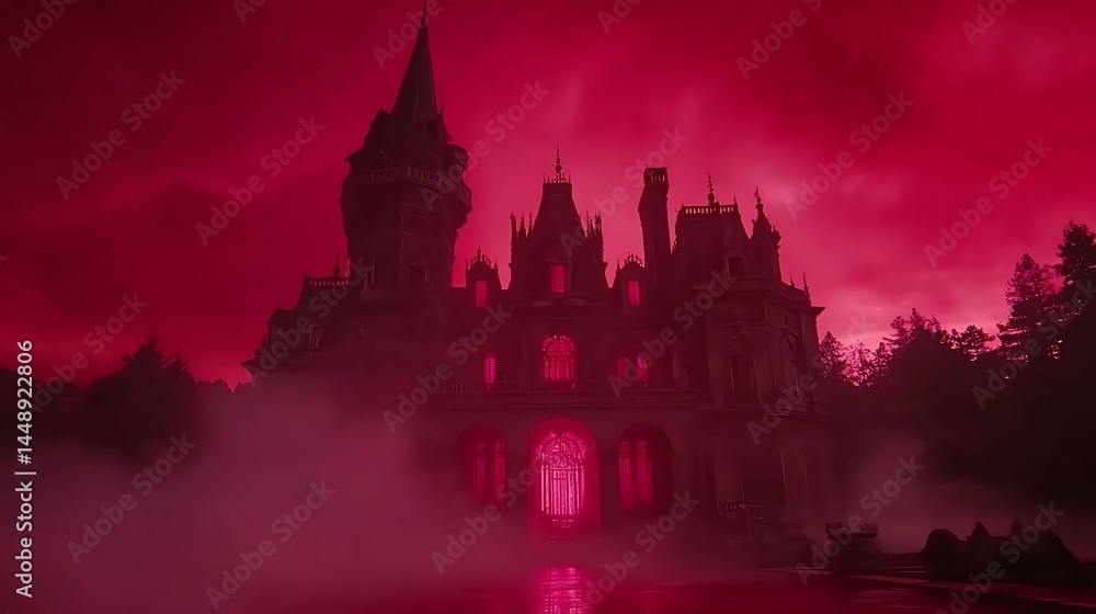 Fototapeta premium Gothic castle silhouette in red mist