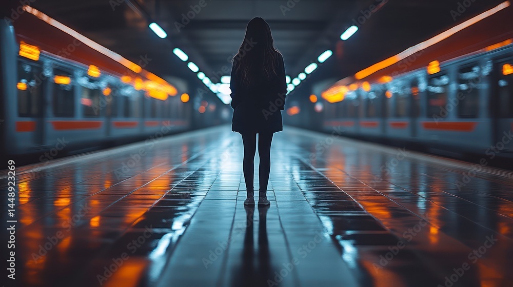 Fototapeta premium Waiting on the Platform Subway Silhouette Nighttime Transportation Journey