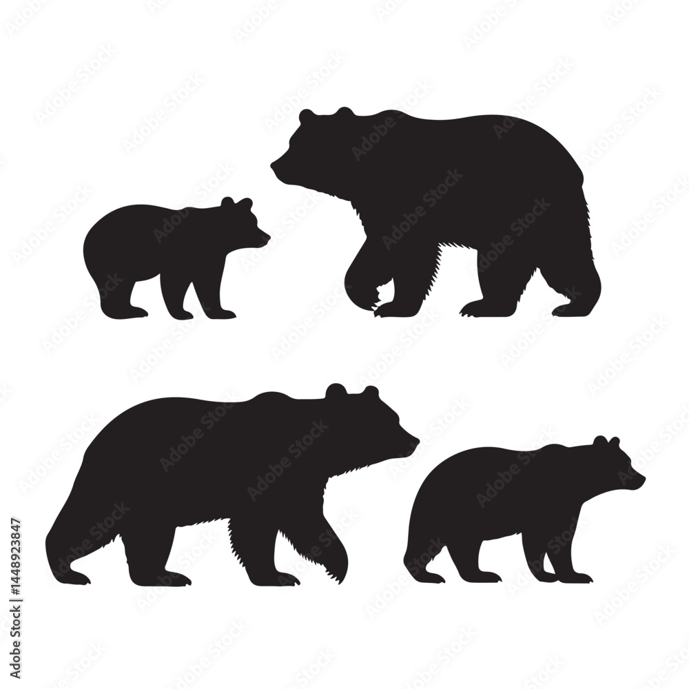 Fototapeta premium Bear family silhouette vector illustration, grizzly bear, black bear, bear cubs, wildlife animal, vector art