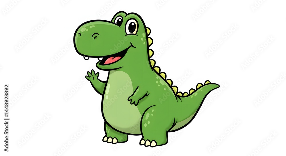 Illustration of a cartoon green dinosaur with a friendly wave on a white background standing up Illustration of a cartoon green dinosaur with a friendly wave on a white background standing up