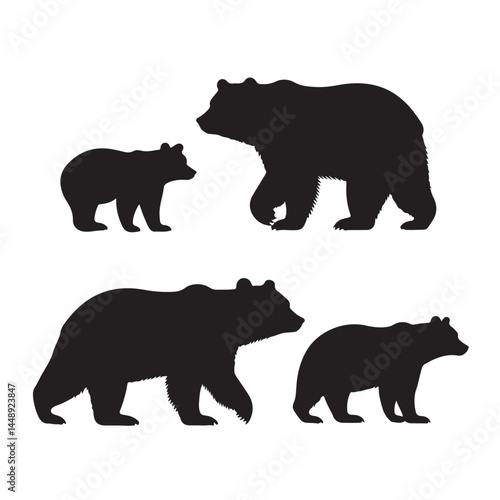 Bear family silhouette vector illustration, grizzly bear, black bear, bear cubs, wildlife animal, vector art