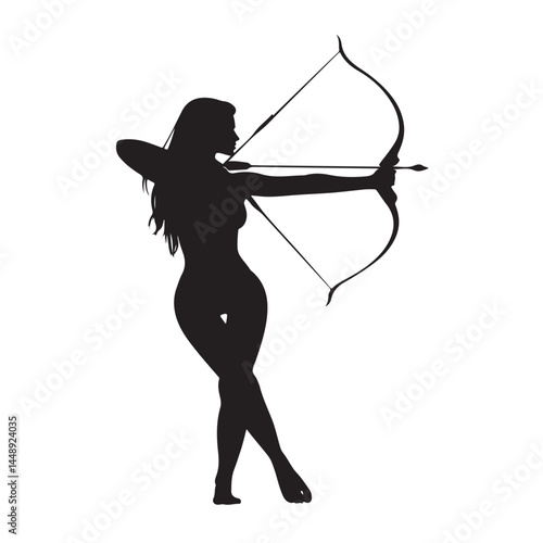 Silhouette of a woman archer with bow and arrow aiming for target archery sport and recreation drawing