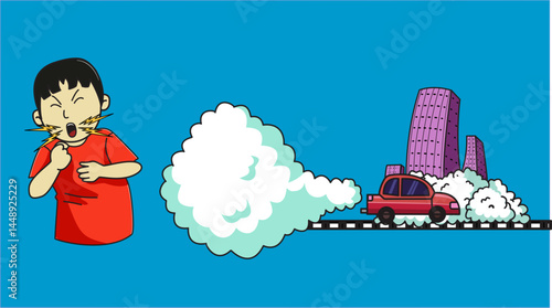 Colorful cartoon illustration illustrating a person coughing near toxic vehicle emissions in an urban area, highlighting the environmental issues and health effects caused by pollution.