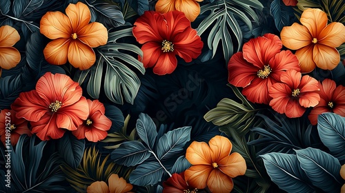 Wallpaper Mural Tropical flowers frame, dark background, vibrant colors, design element Torontodigital.ca