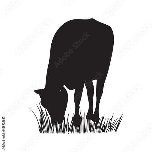 Black cow silhouette grazing in grass vector illustration farm animal livestock agriculture dairy beef cattle art