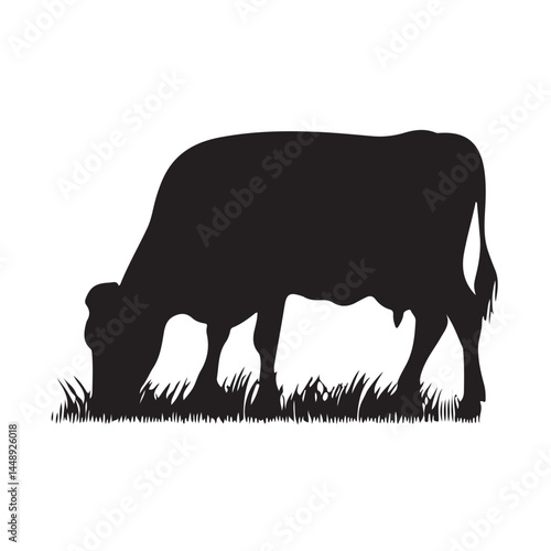 Black silhouette of cow grazing vector illustration for farm animal and livestock designs and graphic elements