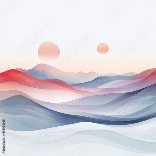 Pastel Mountain Range with Gradient Hues in Sky with Two Faint Spheres Creating an Ethereal Landscape