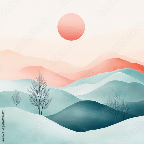 Pastel Watercolor Mountain Landscape with Trees Under a Pink Sun at Sunset Calm Nature Scene with Gradient Sky Background for Relaxing Artistic Aesthetic