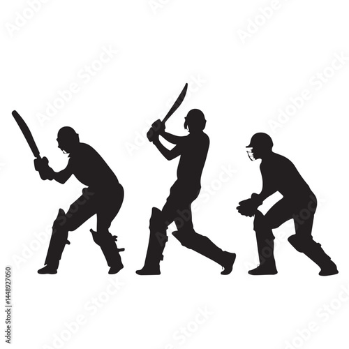 Cricket players silhouette vector illustration of batsman wicketkeeper and fielder isolated on white