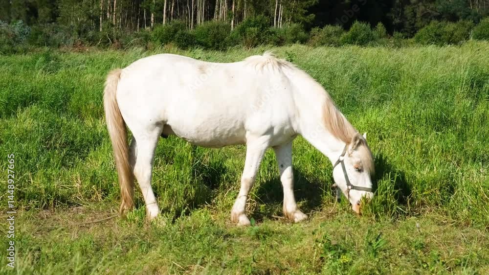 Beautiful white horse grazing on the farm field. Horse on the background of green grass, blue sky and forest. Organic farming Beautiful white horse grazing on the farm field. Horse on the background of green grass, blue sky and forest. Organic farming