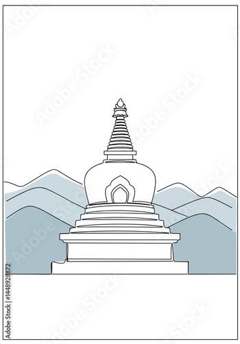 Stupa and Mountain Landscape Illustration, Minimalist Line Art Outline Vector. Buddhist Temple, Tranquility, Spirituality, Vesak Holiday. Graphic Asset, Religious Design
