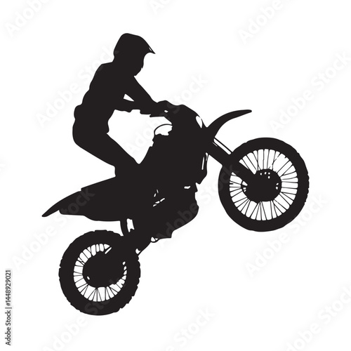 Motocross silhouette rider performing wheelie stunt on dirt bike vector graphic illustration design