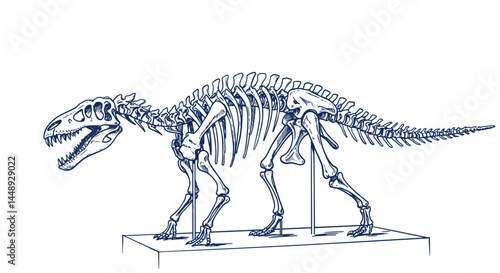Dinosaur Skeleton Exhibit Illustration, Sketch Outline Vector. Museum Display, Paleontology, Education, Ancient History. Educational Design, Museum Promotion