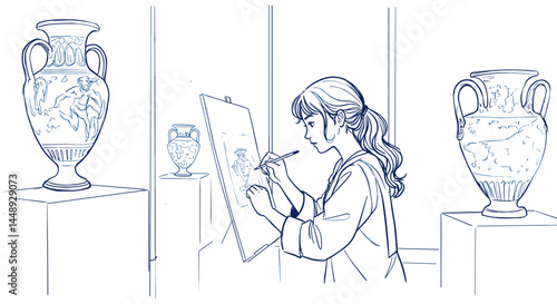 Young Girl Sketching Ancient Vase In Museum Exhibit, Hand Drawn Style Sketch Vector Illustration. Art Education, Museum Visit, Learning Process. Editorial, Educational Design