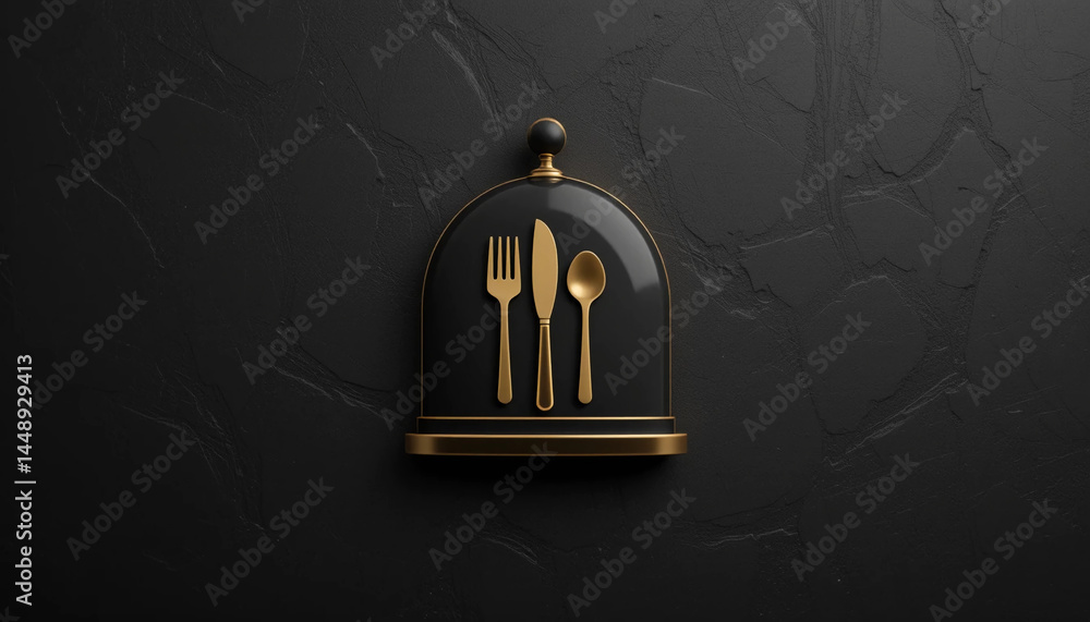 Obraz premium Elegant gold and black emblem of cutlery on a cloche, symbolizing fine dining or luxury restaurant branding.