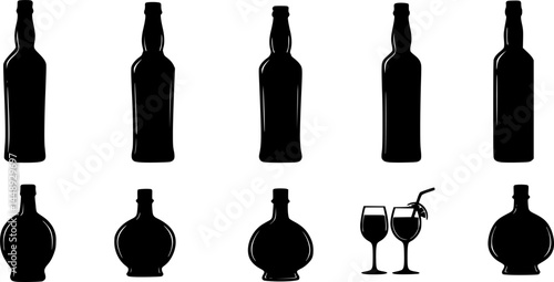 Bottle shape icon set. Beverage, drink, alcohol silhouette. Glass bottle symbol. Pub, bar concept. Brewery icon label design. Whiskey, vodka, cocktail, wine, beer, rum, cognac, martini, brandy bottles