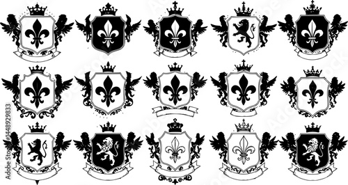 Heraldic Lion. Medieval coat of arms. Lys De Fleur. Crest depicting a lion's flank supporters shield. Knights helmet design. Vintage retro style. Engraving Royalty Emblem. Heraldy King Icon