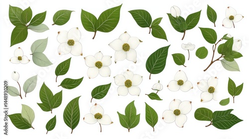 Wallpaper Mural Dogwood Blooms: A Collection of Delicate White Flowers and Lush Green Leaves Torontodigital.ca