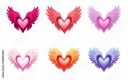 A set of six different colored hearts with wings